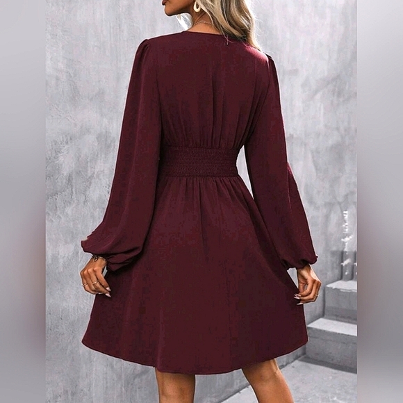 NEW Chic Ruched Waist Lantern Sleeve Dress Burgundy Red - Picture 4 of 9